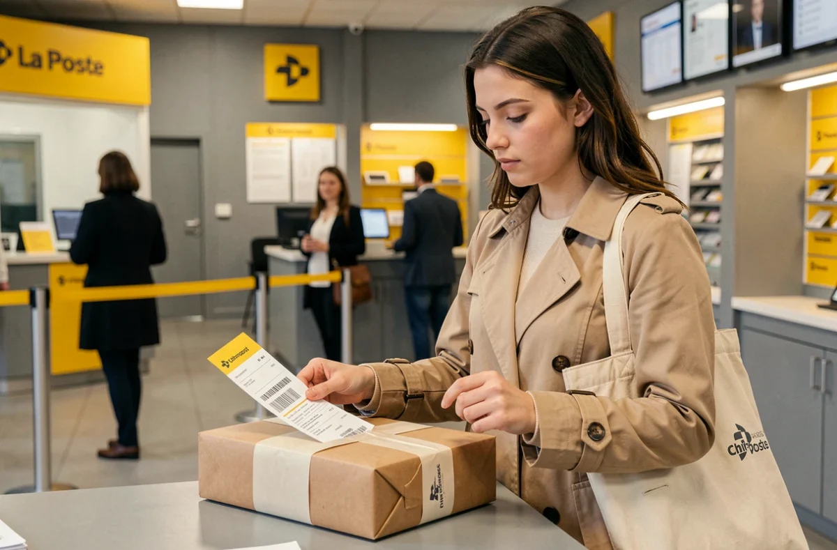 Jeune femme vérifiant une étiquette Chronopost avant dépôt dans un bureau de La Poste