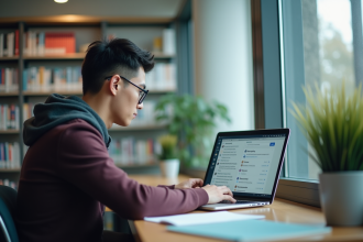 Étudiant en bibliothèque travaillant sur son ordinateur portable