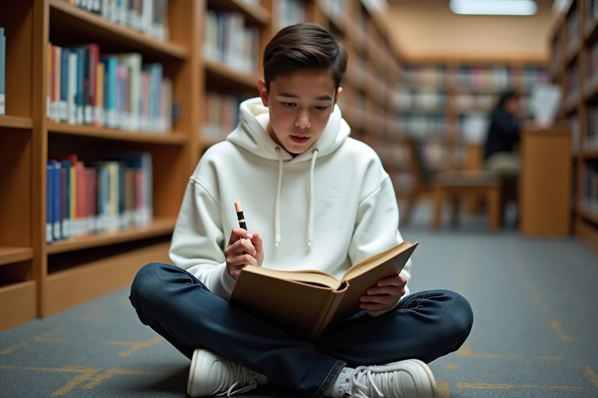 Étudiant consultant un manuel de grammaire française pour éviter les erreurs d'orthographe courantes