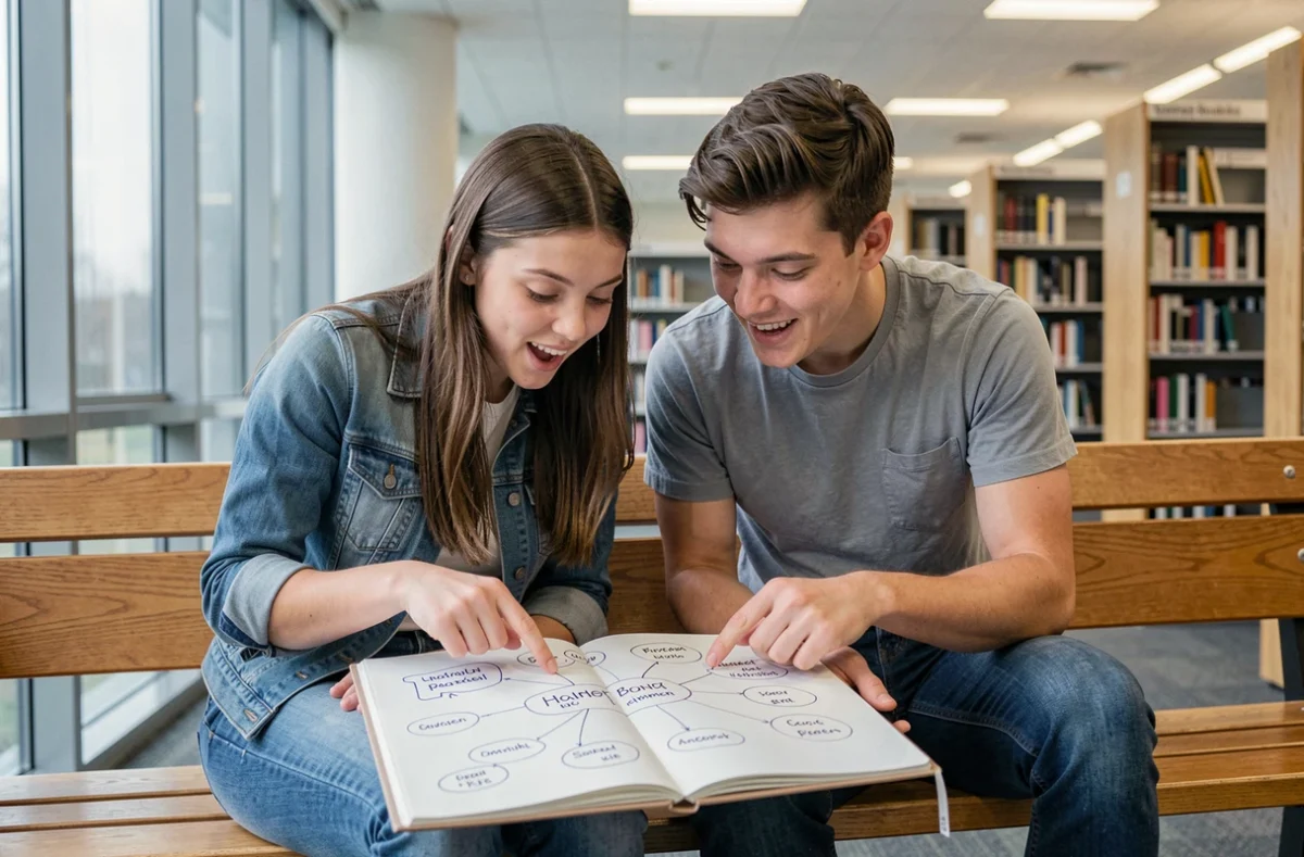 Deux étudiants analysant des réseaux sémantiques de mots dans une bibliothèque universitaire moderne