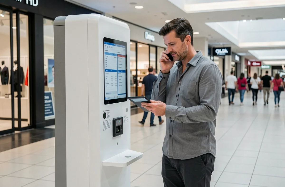 Homme évaluant le tarif d'une borne Photomaton en location dans un centre commercial
