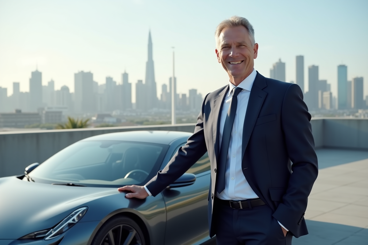 Homme d'affaires confiant avec voiture futuriste sur toit