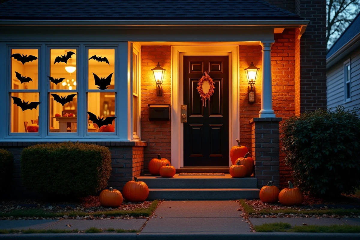 Façade de maison décorée pour Halloween avec des silhouettes de chauves-souris imprimées sur les vitres et citrouilles sur le perron