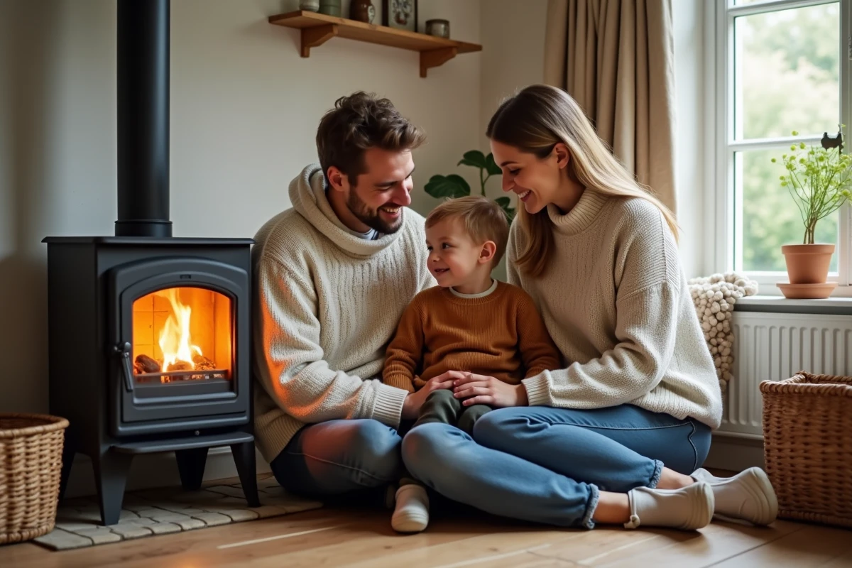 Famille réunie autour d’un poêle moderne dans une maison normande