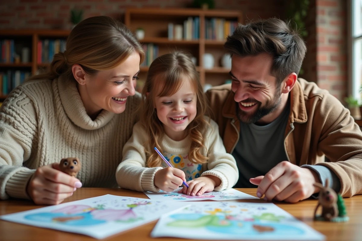 Famille réunie autour de figurines et livres de coloriage thème Frozen avec personnage de Kristoff sur une table en bois