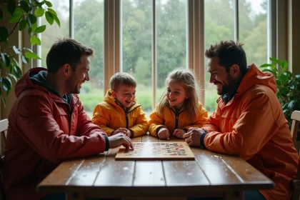 Famille de quatre riant autour d'un jeu de société à l'intérieur