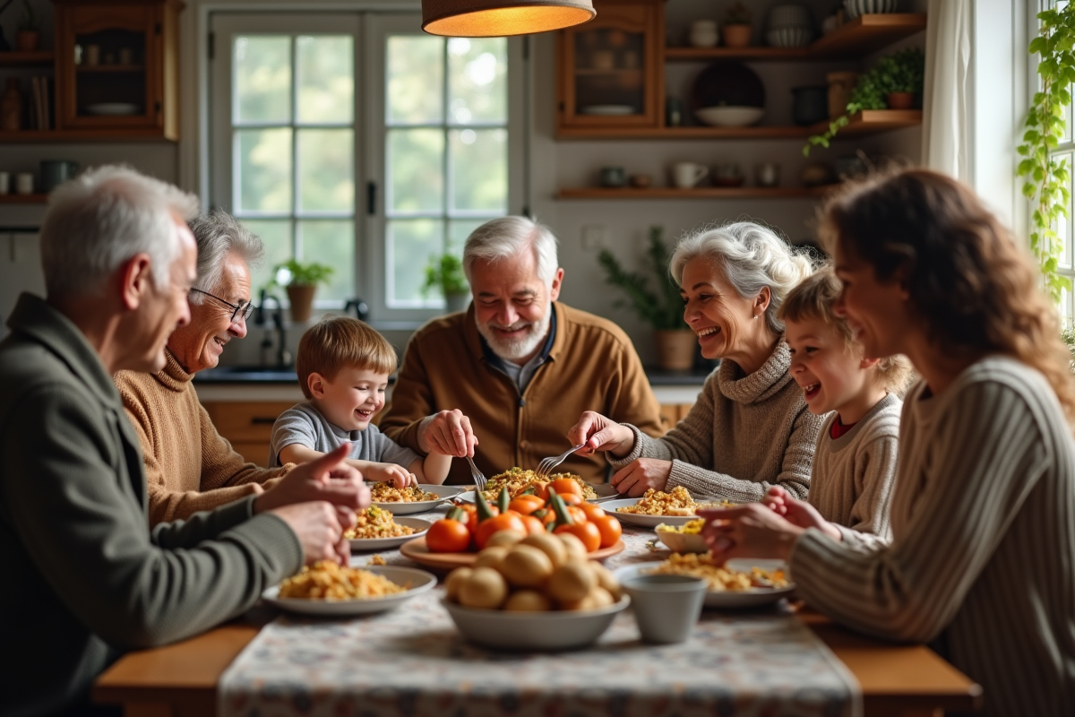 Famille multigenerational partageant un repas convivial