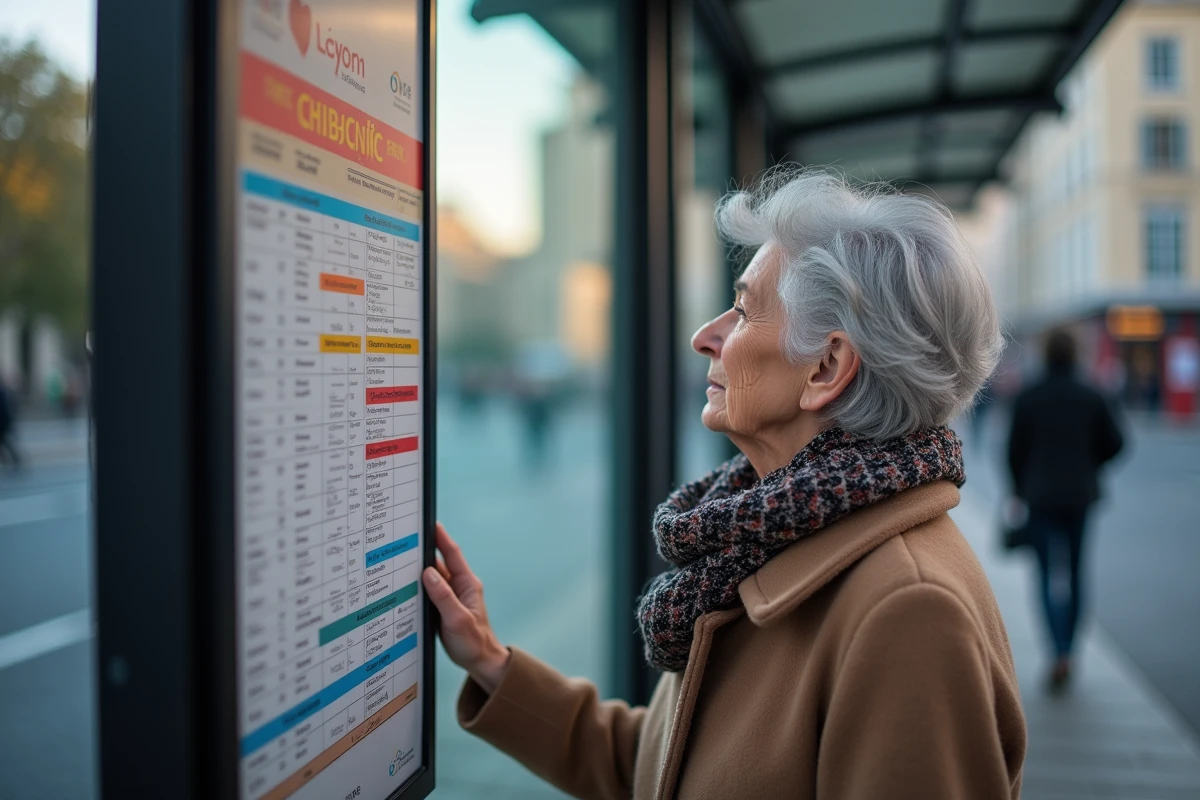 Femme âgée regardant un plan de bus coloré à Lyon