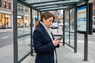 Femme consultant les horaires de bus sur son smartphone à un arrêt de transport en commun urbain