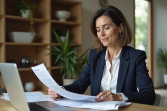 Femme en blazer navy examine documents d'assurance