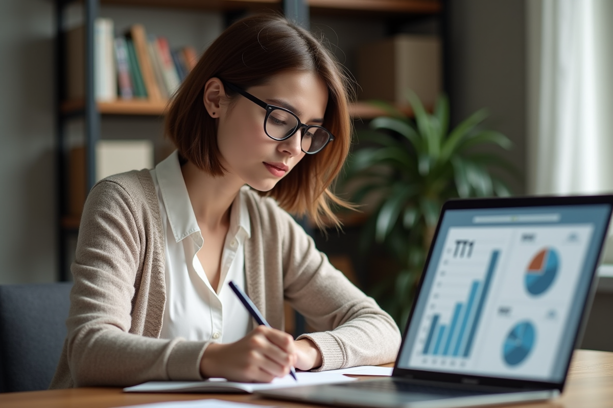 Jeune femme écrivant des notes statistiques dans un bureau moderne