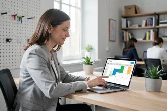 Femme professionnelle consultant un outil en ligne de vérification des semaines paires sur son ordinateur portable au bureau