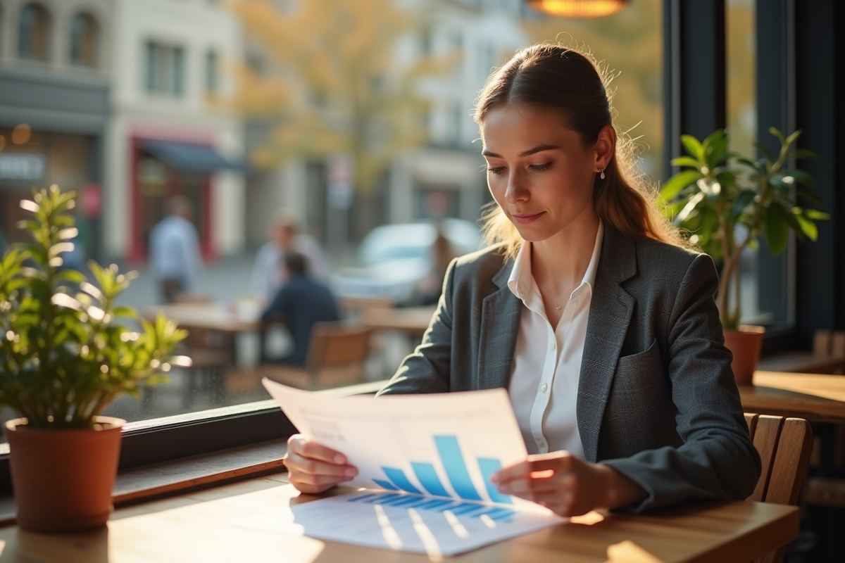 Femme d affaires analysant des graphiques au café