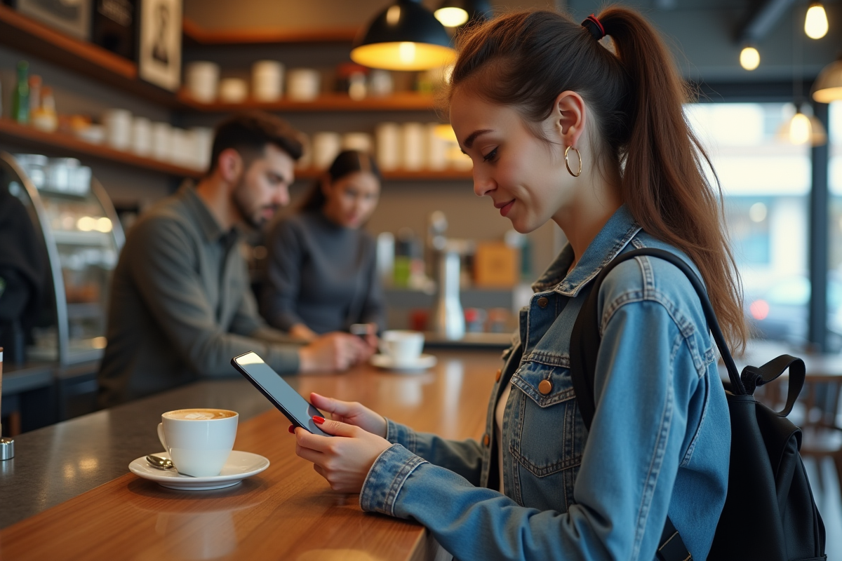 Femme au café regardant son smartphone pour une transaction