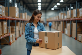 Femme inspectant un colis dans un entrepôt animé