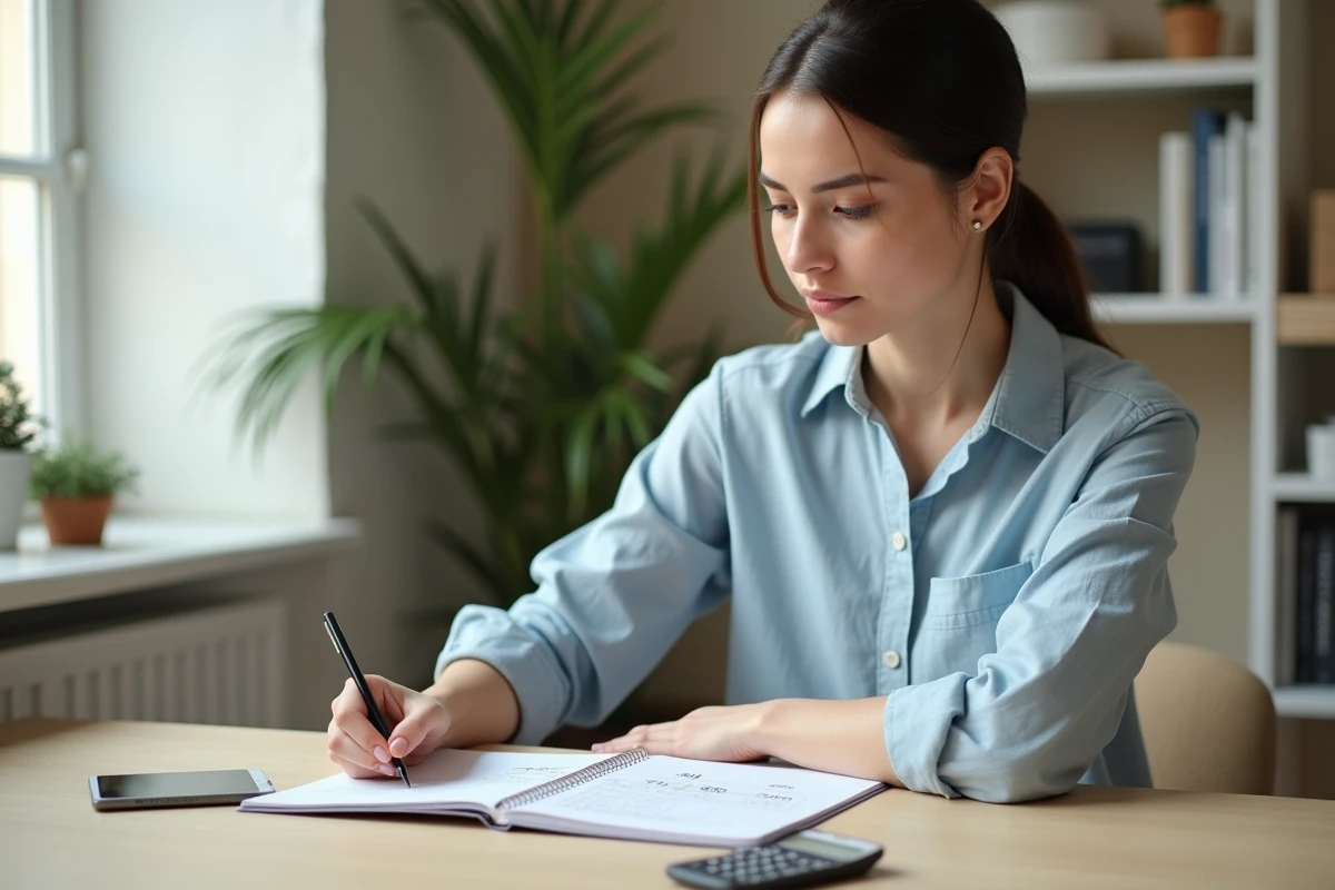 Femme écrivant une table de conversion miles par heure en kilomètres par heure dans un carnet