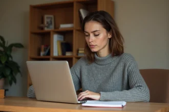 Femme tapant sur un ordinateur portable en corrigeant une faute d'orthographe courante en français