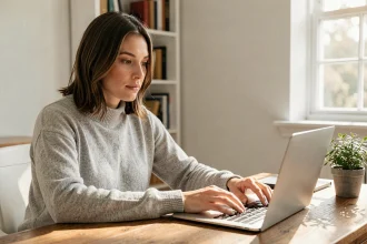 Femme utilisant un ordinateur portable pour découvrir un site d'informations en ligne depuis son bureau à domicile