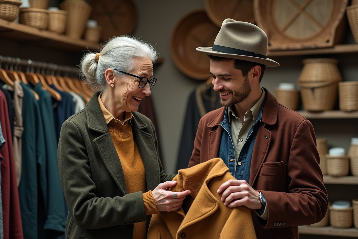 Femme âgée et jeune homme examinent un manteau en laine fait main