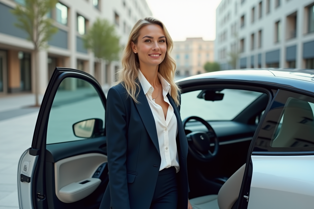 Femme élégante sortant d'une voiture électrique futuriste