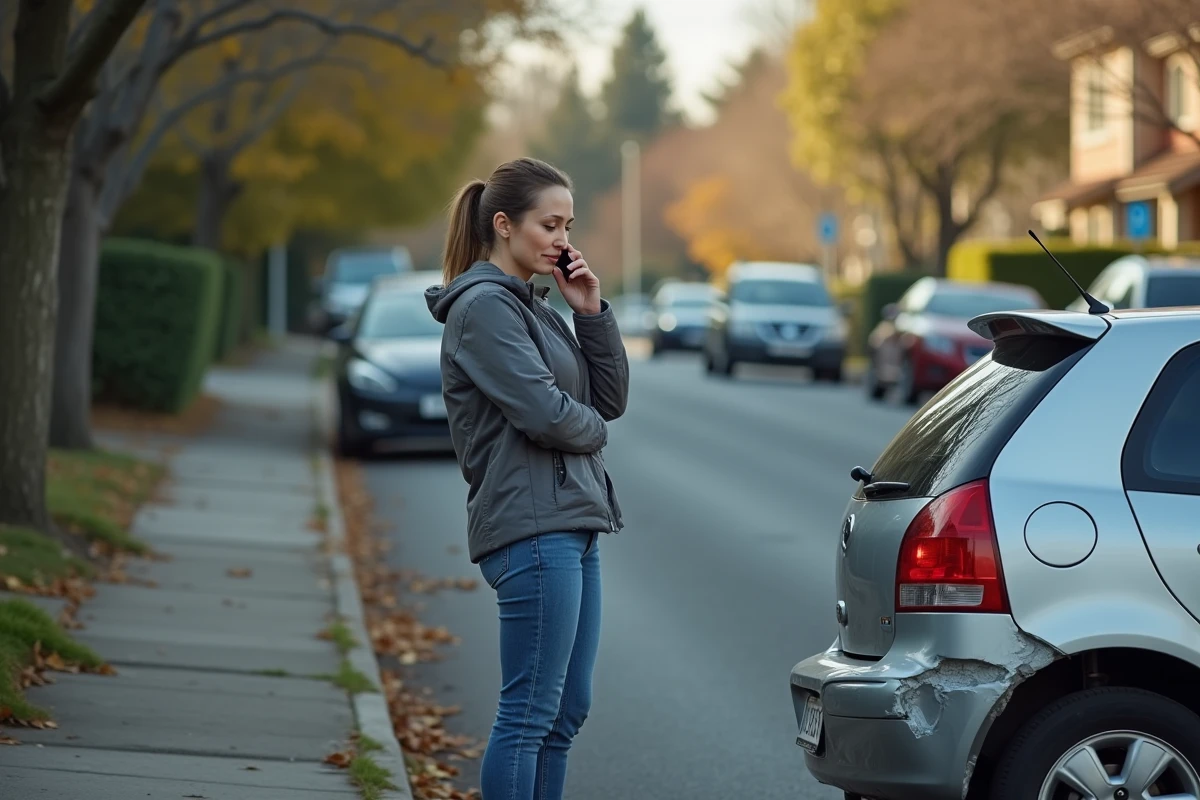 Femme au téléphone examinant le pare-chocs arrière endommagé de sa voiture après un accident dans une rue résidentielle