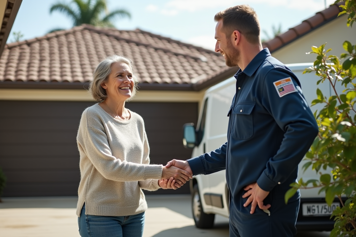Femme souriante saluant le technicien du nettoyage de toit