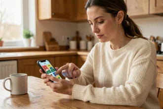 Femme jouant au jeu 4 images 1 mot sur smartphone à table de cuisine en bois
