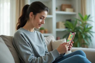 Femme jouant au jeu Motus sur smartphone, assise dans un salon moderne en 2026