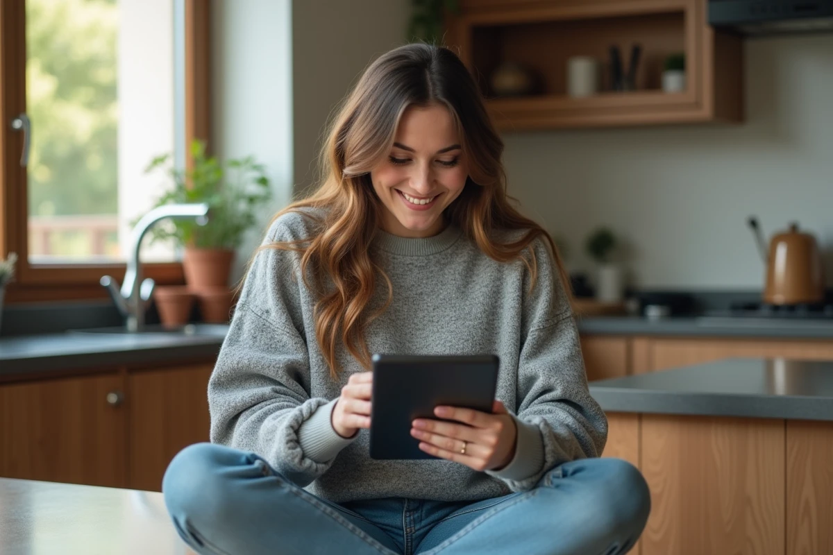 Jeune femme jouant à la belote sur tablette dans une cuisine chaleureuse