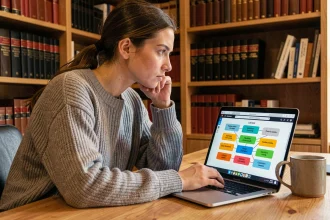 Femme concentrée jouant à Cemantix sur un ordinateur portable entourée de dictionnaires dans un bureau à domicile