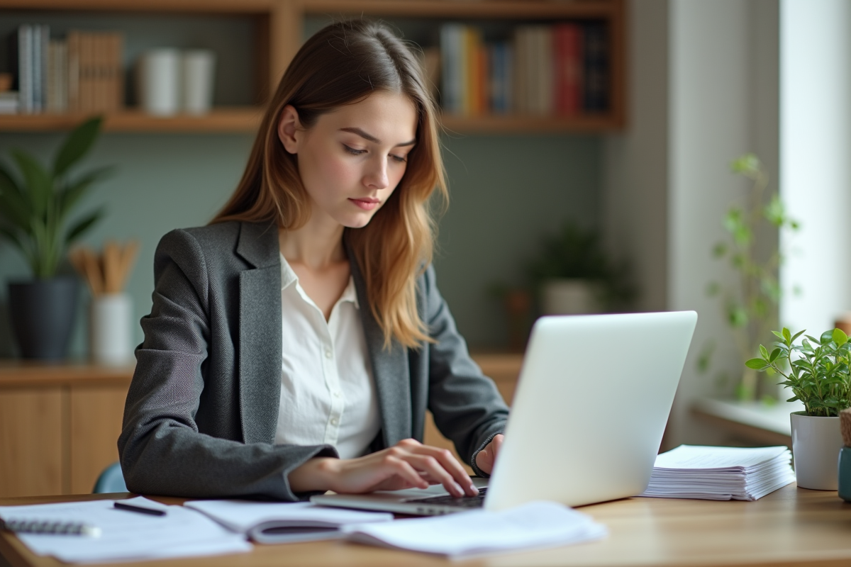 Jeune femme en business casual travaillant à la maison
