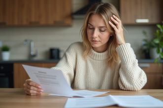 Femme d'âge moyen lit des documents d'assurance maison