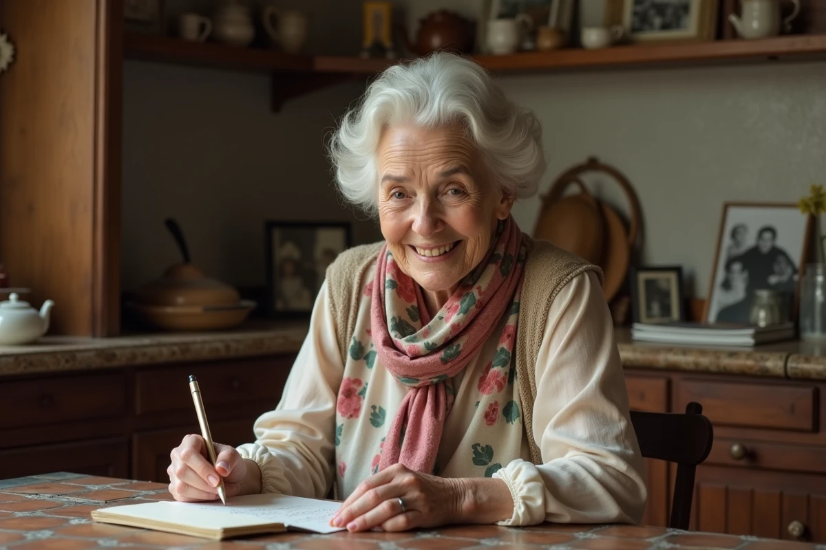 Femme âgée lisant une lettre dans une cuisine vintage