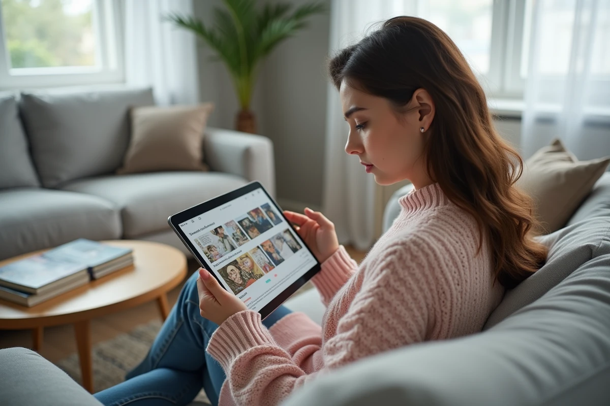 Jeune femme lisant des mangas sur une tablette numérique dans un salon moderne scandinave, explorant de nouvelles plateformes de lecture