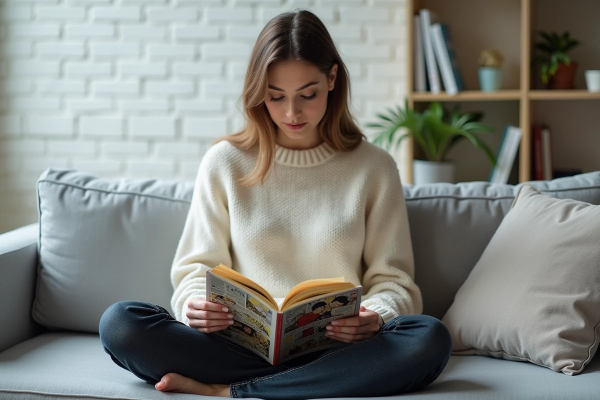 Femme lisant un scan de manga en version française confortablement installée dans un salon moderne