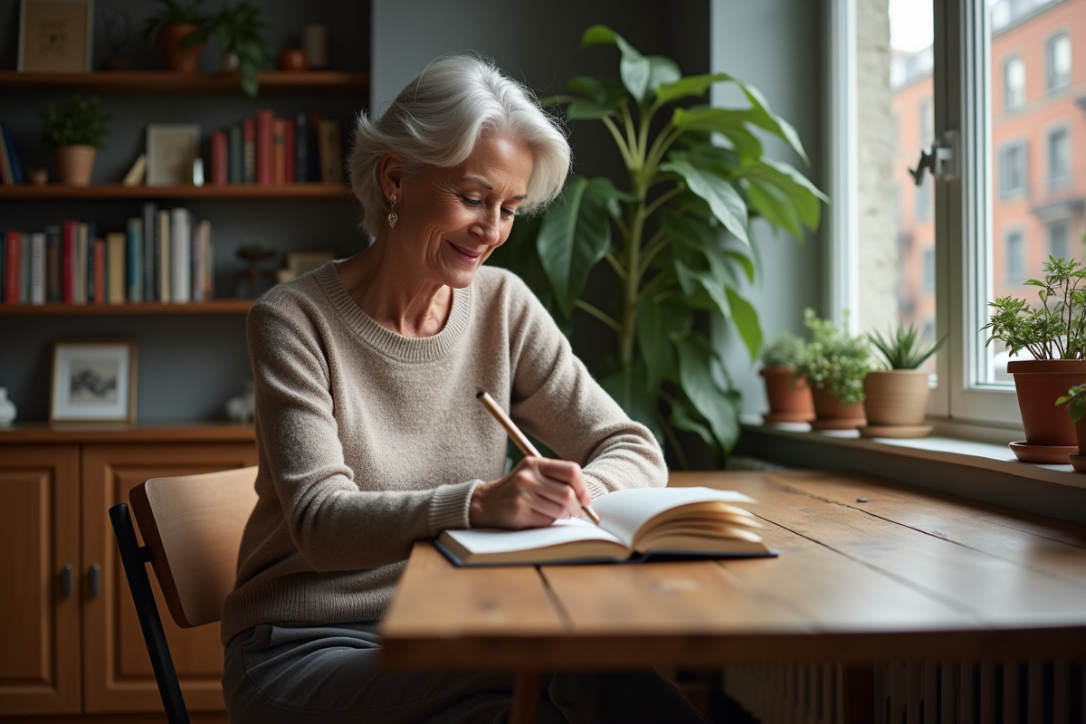 Femme lisant un livre dans un appartement cosy