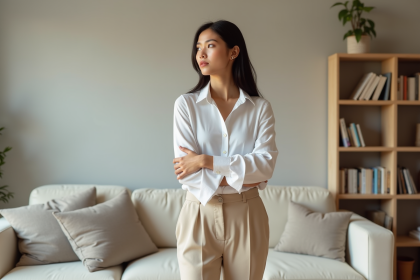 Femme en chemise blanche dans un salon minimaliste
