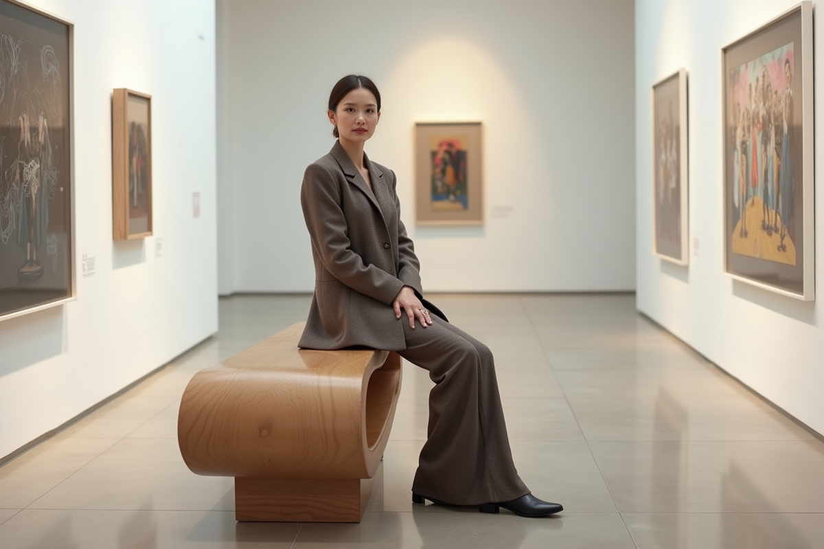 Femme élégante en blazer dans une galerie d