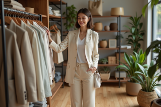 Jeune femme en tailleur beige examine un rayon mode durable