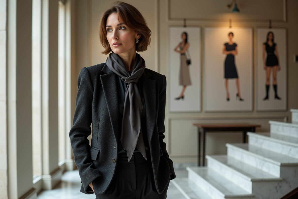 Femme élégante en tweed noir dans un bureau parisien