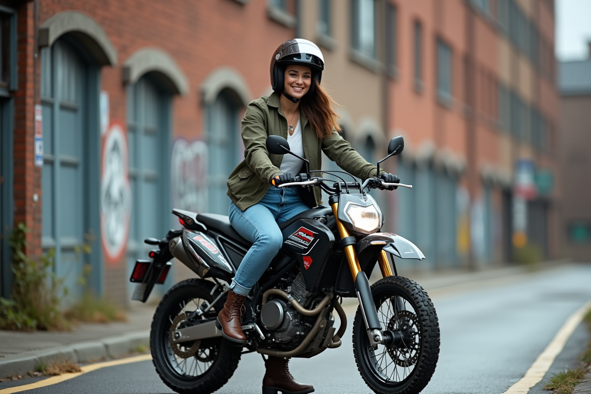 Femme en moto urbaine avec casque et sourire en ville