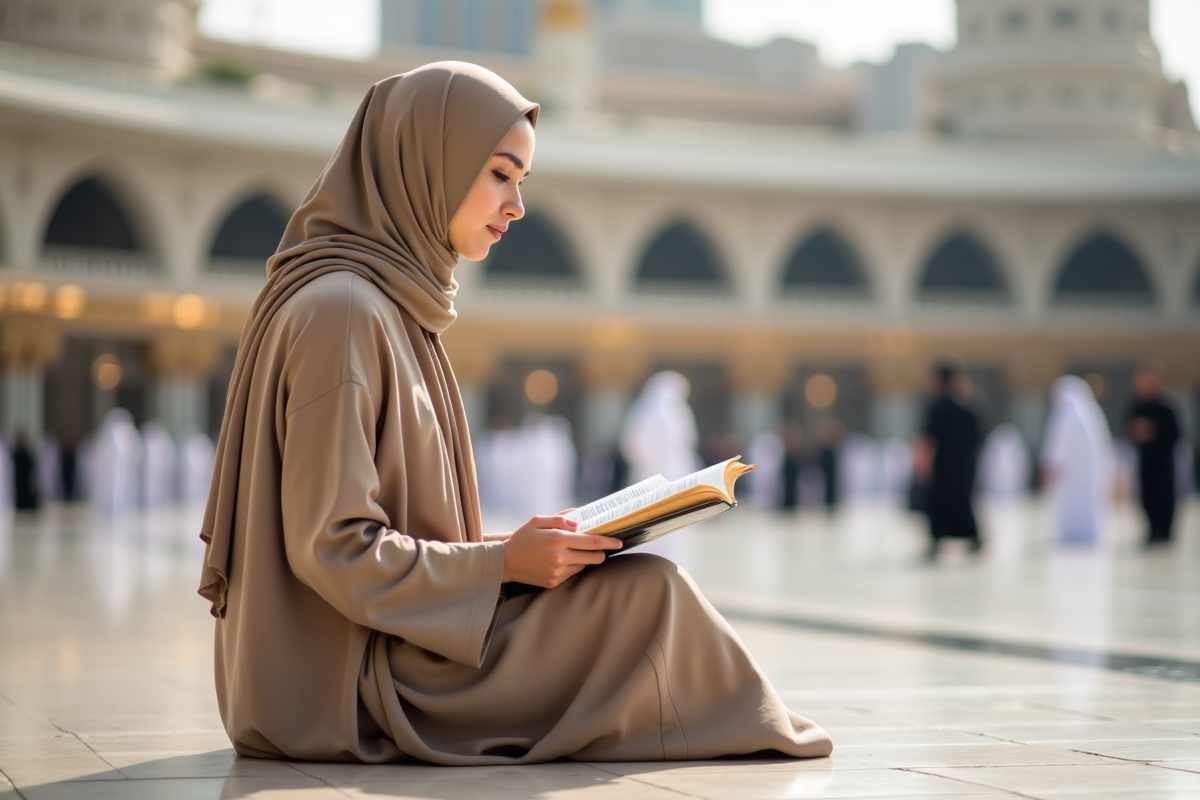 Jeune femme musulmane en abaya lisant près de la mosquée