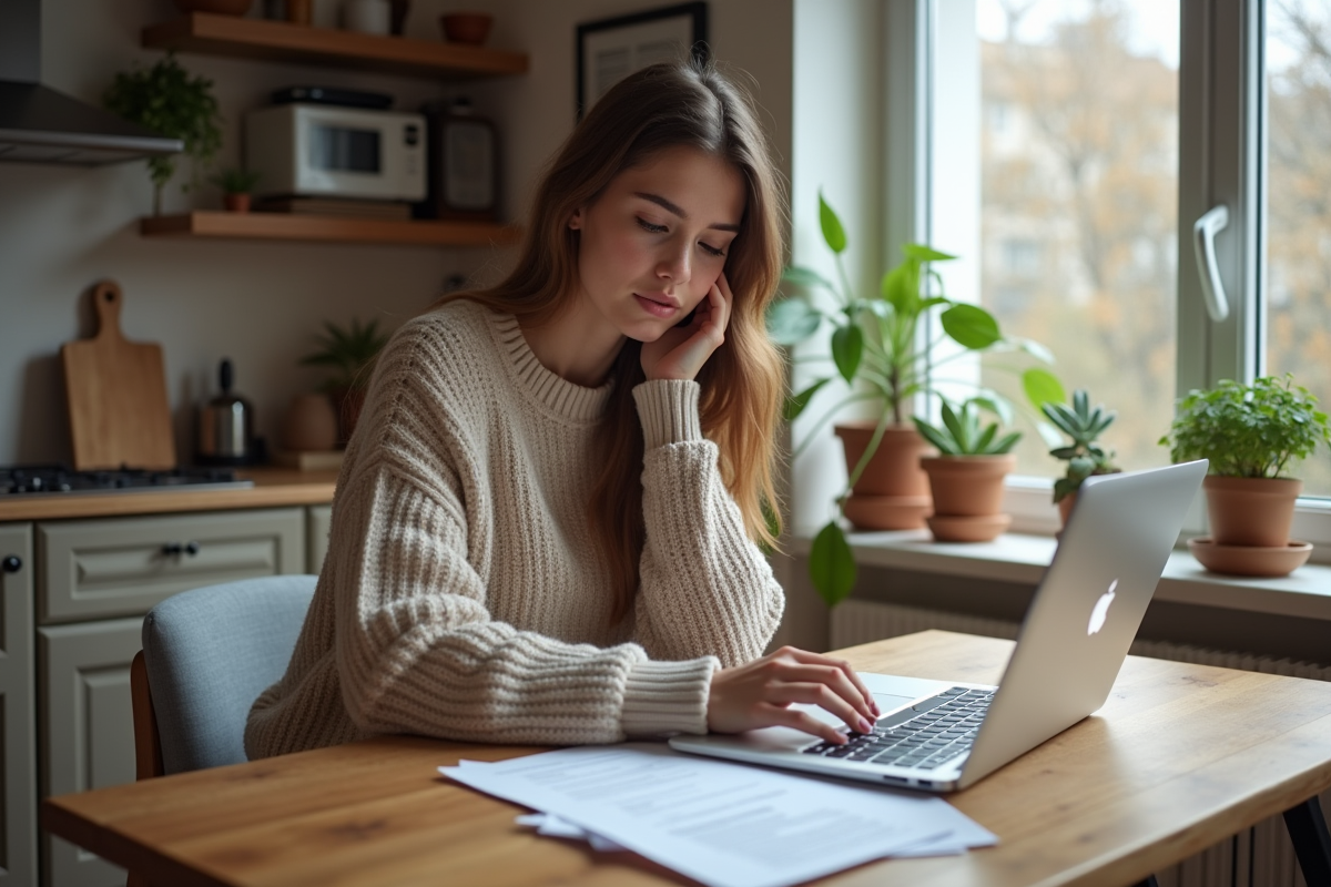 Jeune femme concentrée à son bureau pour assurance