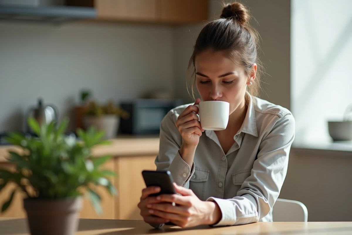 Femme regardant son téléphone à la cuisine chaleureuse
