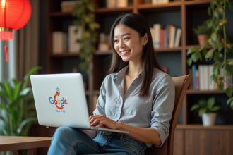 Jeune femme souriante devant son ordinateur avec doodle du Snake