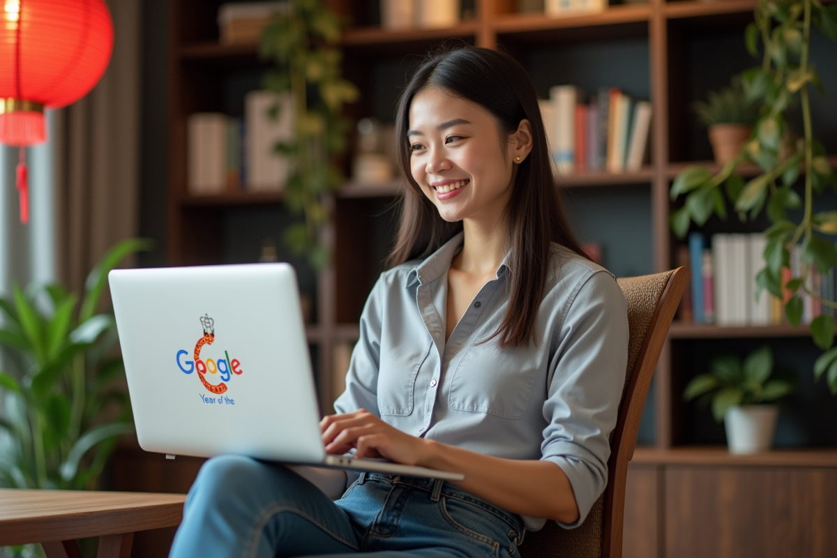 Jeune femme souriante devant son ordinateur avec doodle du Snake
