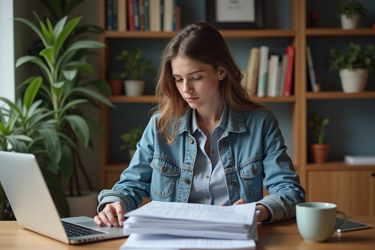 Jeune femme triant des documents financiers à la maison