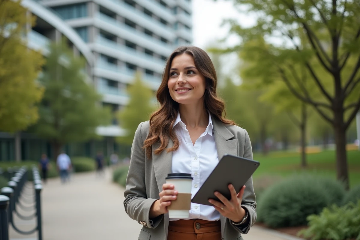 Jeune femme dans un parc urbain avec tablette et café réutilisable
