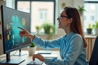 Jeune femme pointant un écran d'ordinateur affichant une présentation animée avec effet de rotation dans un bureau moderne