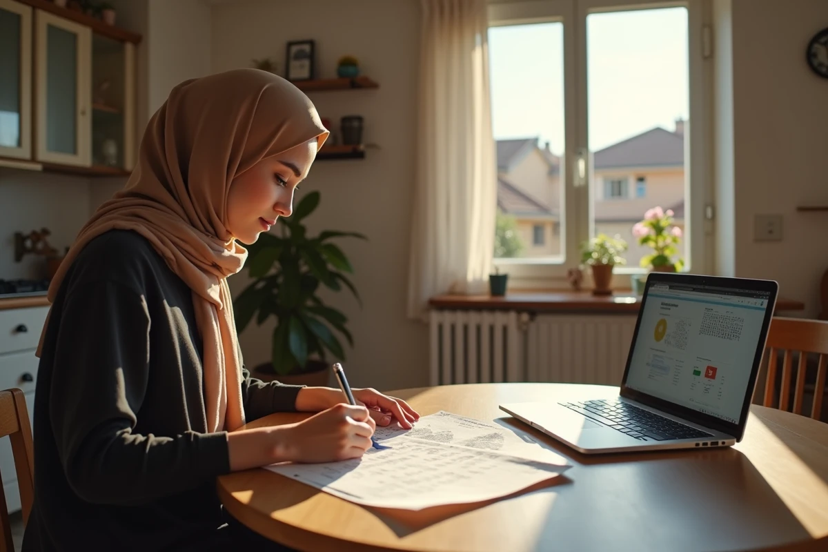 Jeune femme musulmane vérifiant ses horaires de priere à la maison